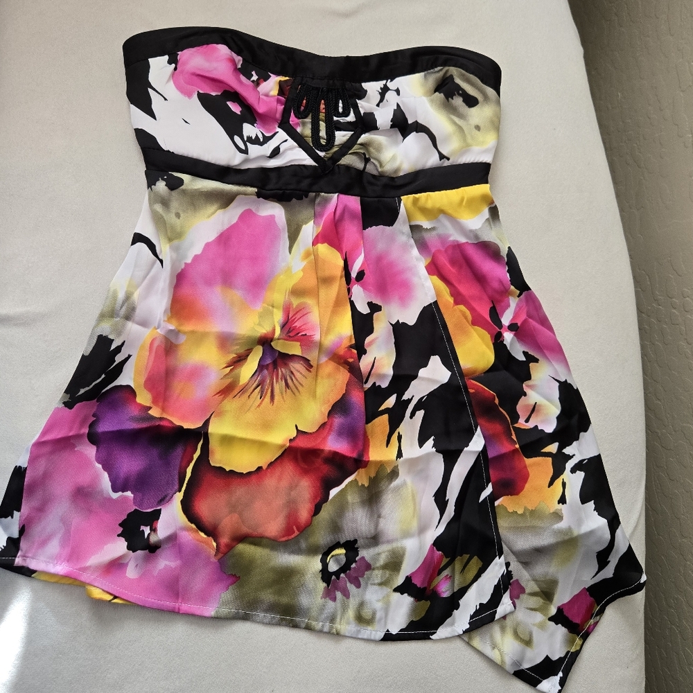 2b bebe Strapless Babydoll Floral Top Juniors S Asymetrical Hem Fairy